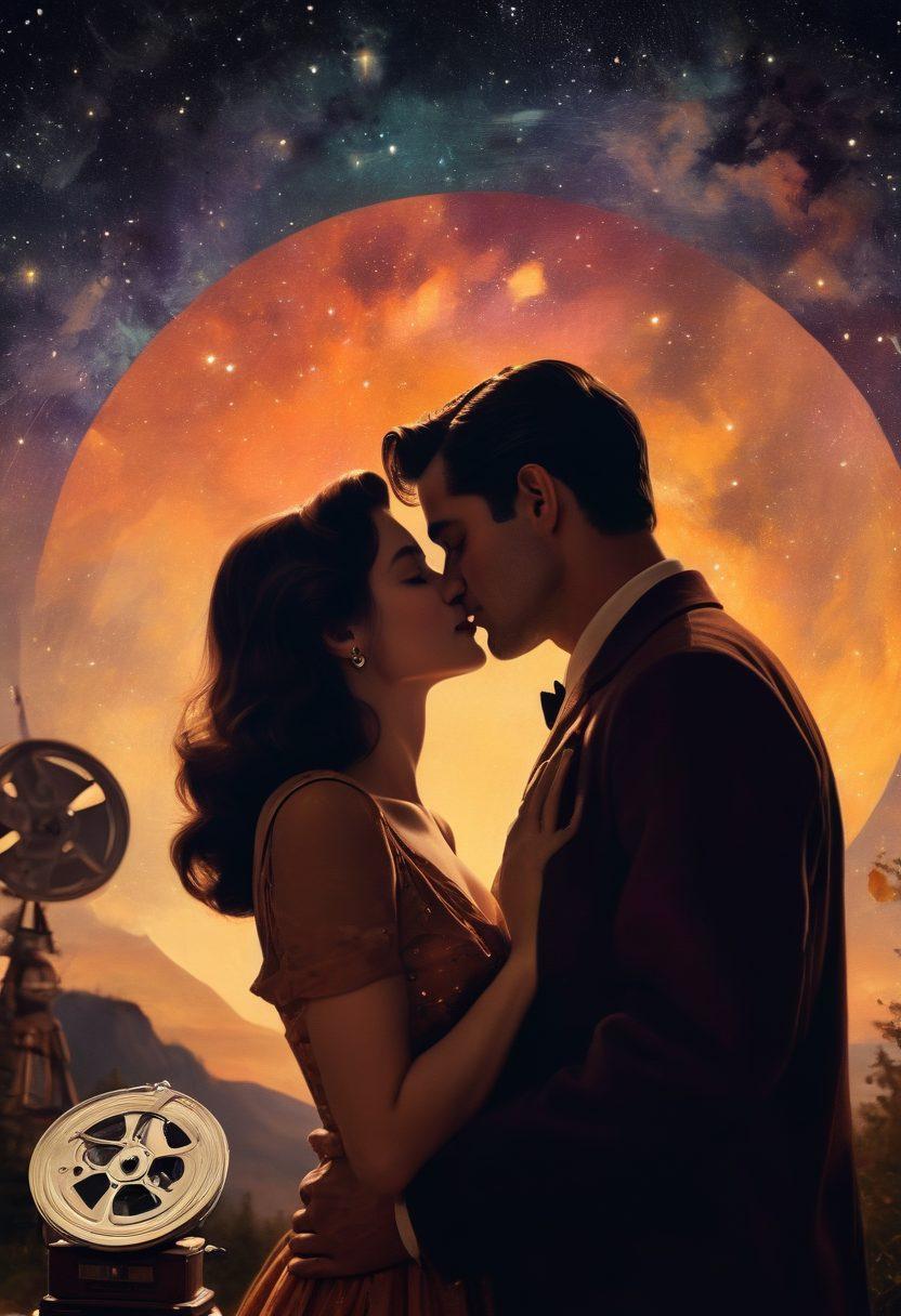 A romantic scene inspired by classic cinema, featuring a couple sharing a heartfelt moment under a starry night sky, with vintage film reels and a palette of warm colors surrounding them. The backdrop includes iconic cinematic elements like a film projector and swirling movie stills, creating an enchanting atmosphere that embodies narrative romance. painting. rich colors. dreamy background.