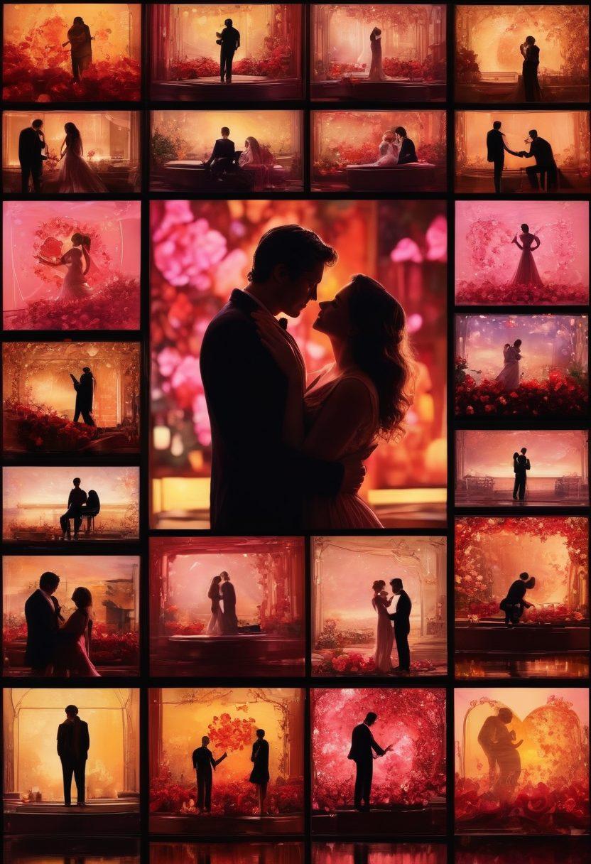 A cinematic collage showcasing iconic romantic movie scenes, entwined silhouettes of couples against a backdrop of vibrant film reels, hearts, and roses. Evocative lighting creates a dreamy ambiance, while an open book lies in the foreground, symbolizing storytelling. The color palette features warm reds, pinks, and golds to capture the essence of love. super-realistic. vibrant colors. 3D.