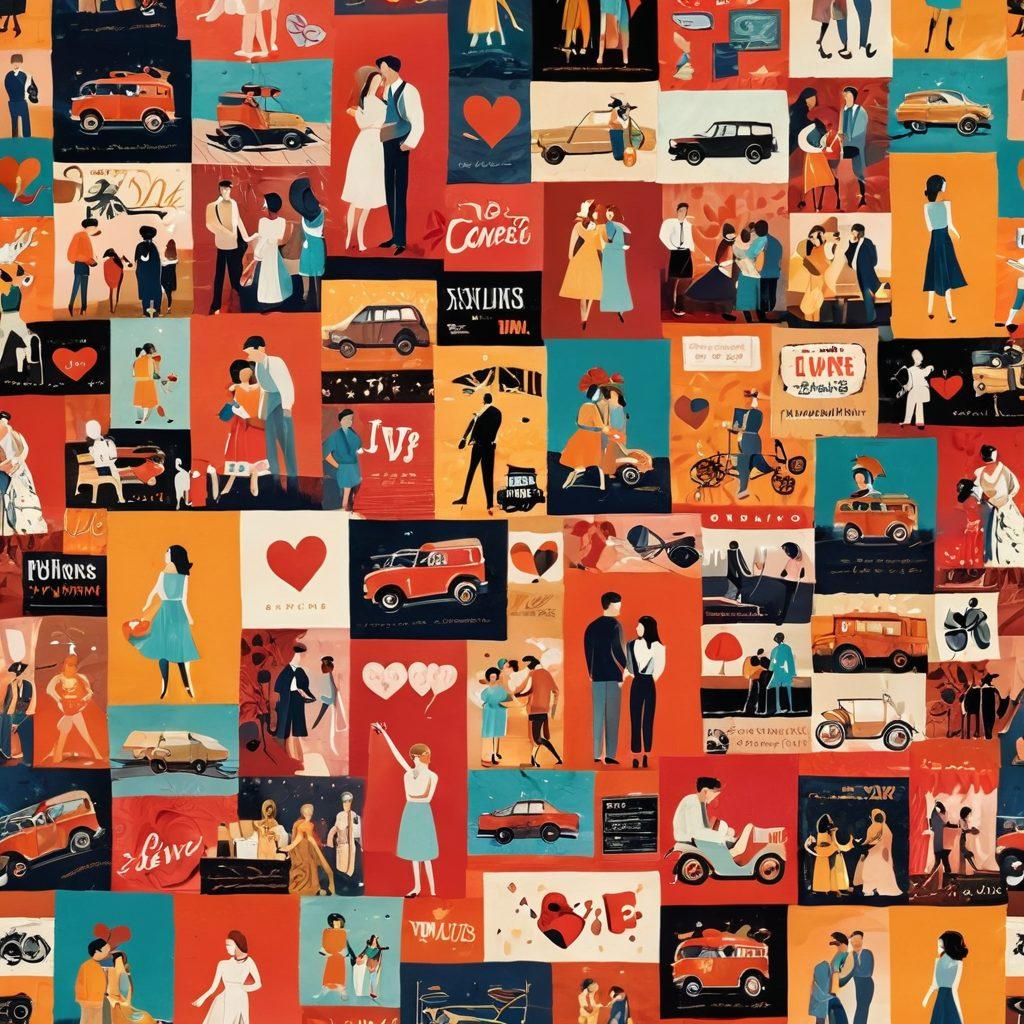 A vibrant collage depicting iconic love scenes from various classic and contemporary films, showcasing diverse couples and cinematic settings. Include elements like film reels, hearts, and dreamy backgrounds that reflect the passionate journey of love stories in cinema. Incorporate a warm color palette to evoke feelings of romance and nostalgia. super-realistic. vibrant colors. textured background.